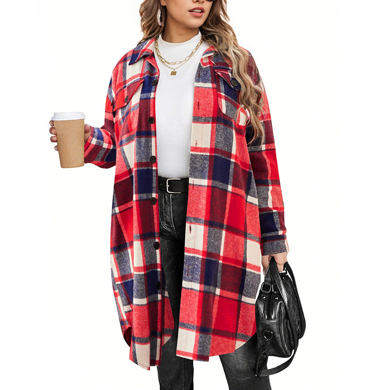 Chemise-veste décontractée à carreaux et boutons pour femme, coupe longue