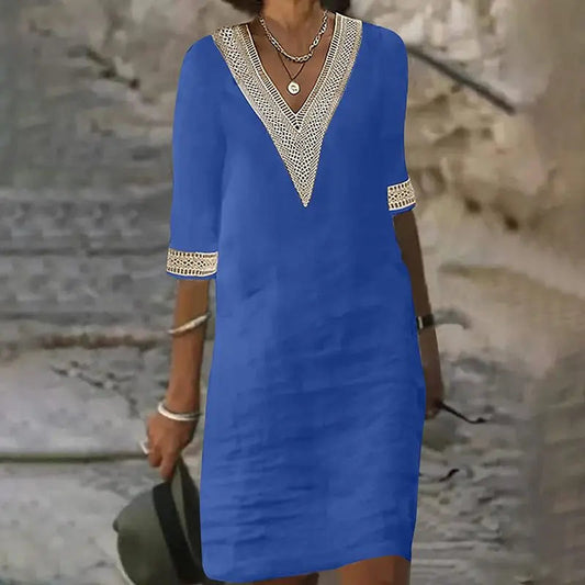 ✨ Rochie Damă din Bumbac-In cu Decolteu V & Dantela – Elegantă, Feminină & Respirabilă, Siluetă Flatantă, M-3XL, 4 Culori 🌸