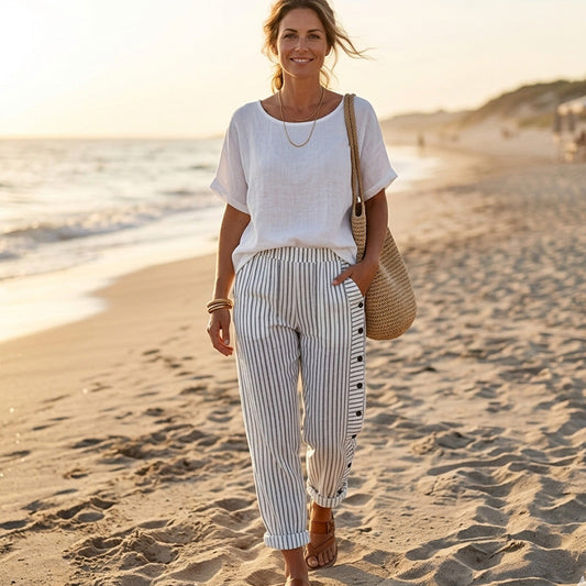 ☀️Vânzare de vară - Reducere de 30%!!🌿🌸Pantaloni comozi cu dungi albastre și buzunare laterale