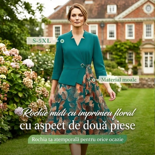Rochie elegantă din material sintetic, în două piese, cu imprimeu de frunze✨ Eleganță naturală, oricând, oriunde ✨
