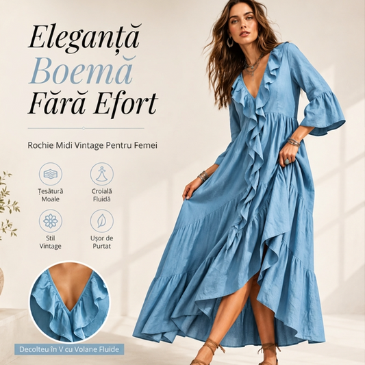🌿Rochie retro pentru femei cu volane, decolteu în V și mâneci evazate😍👗