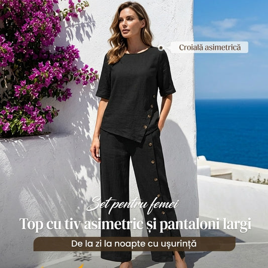 💖Top cu tiv neregulat pentru femei și pantaloni cu picior larg, set din două piese🔥