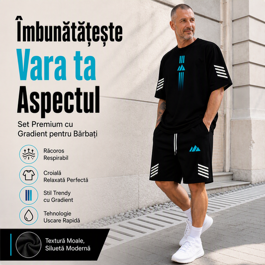 👕Set de tricou și pantaloni scurți pentru bărbați, vară – Design gradient, respirabil și ușor – Perfect pentru zilele călduroase și ieșirile casual 🩳