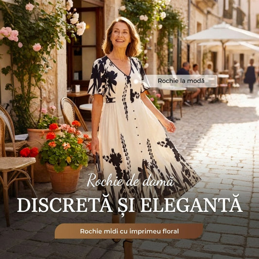 🌹🦋 Size (S-5XL)| Croială A (Ascunde Talia) | Rochie Midi Elegantă cu Decolteu în V și Imprimă Botanic Plus|✨