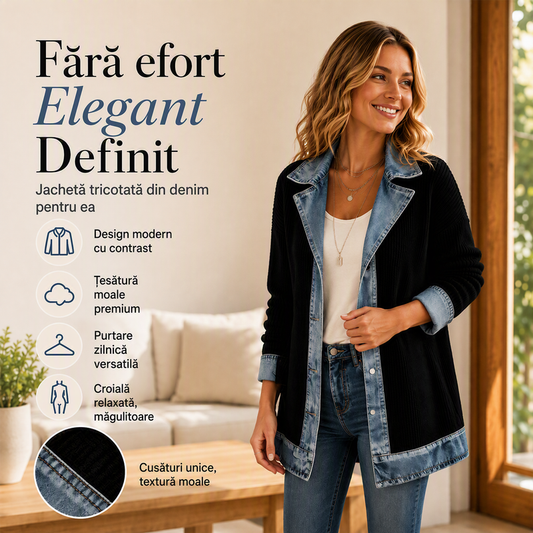 ⌛Ofertă limitată-Haină elegantă pentru femei din denim cu inserții și tricot cu nervuri