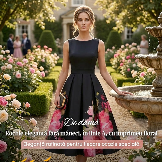 🌸Rochie midi elegantă, fără mâneci, cu croi în A și imprimeu floral👗❤️