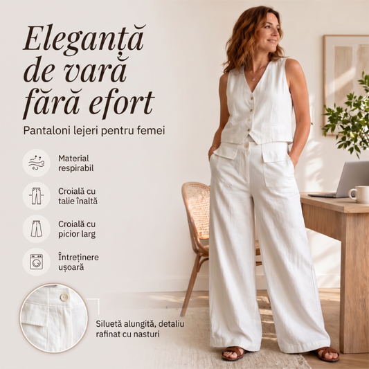 ✨ Pantaloni Largi Damă din Bumbac-In cu Buzunare – Talie Înaltă, Lejerți & Eleganți, Alungesc Silueta, Respirabili & Confortabili, S-3XL, 6 Culori 🌿