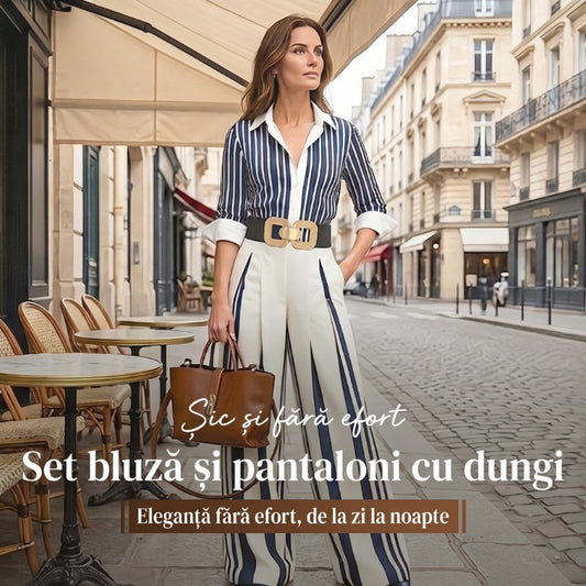 📢📢50% REDUCERE !! ⏰Set din două piese pentru femei: cămașă în dungi și pantaloni cu croi larg