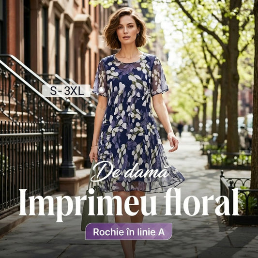 🌷 50% REDUCERE ACUM! ✨ Rochie de seară pentru femei, croială în linie A cu model floral – din șifon dublu strat, cu model elegant și lungime până la genunchi 👗