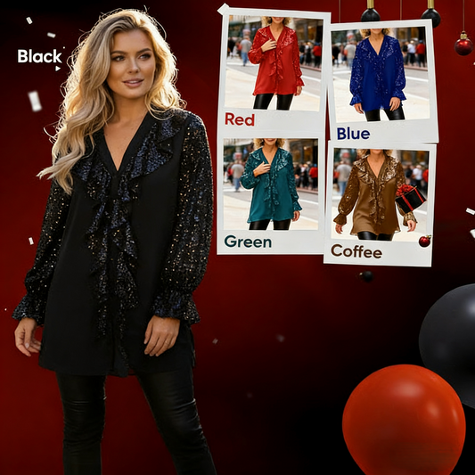 ✨ Cămașă cu mânecă lungă din paiete și decolteu în V de damă