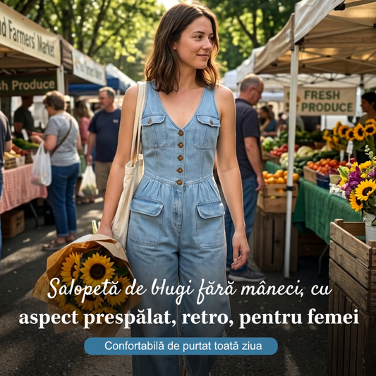 ⏳Ofertă Specială pe Timp Limitat⏰Salopetă Denim pentru Femei – Fără Mâneci, Decolteu în V, Picioare Largi 💫