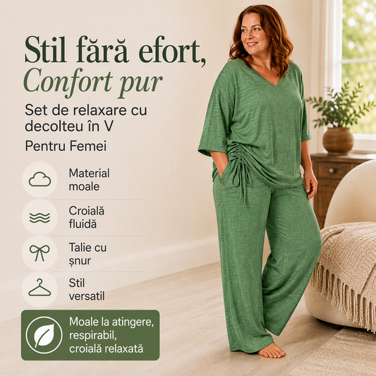 🌸Reducere de 49%💖Set de top casual cu decolteu în V și pantaloni cu picior larg pentru femei