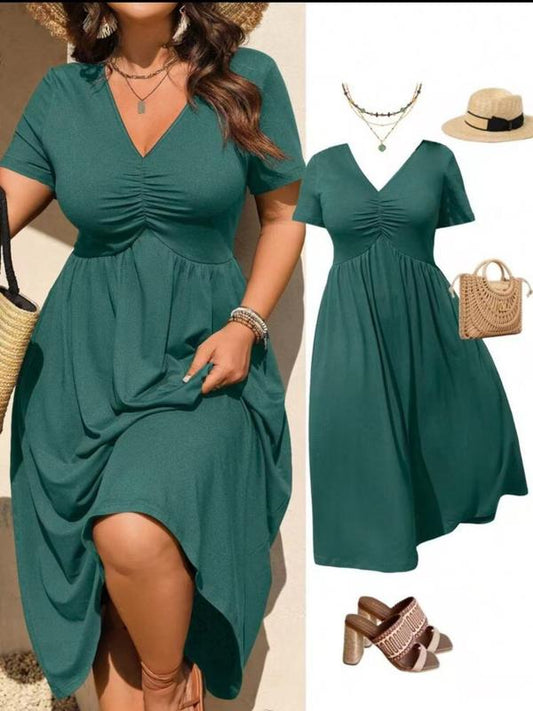 💖 Rochie Midi Damă Mărimi Mari cu Decolteu V & Pliuri – Siluetă A, Fluidă & Feminină, Perfectă pentru Vară ✨