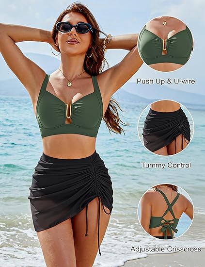 👙Ofertă specială limitată!💃 Costum de baie bikini pentru femei, cu talie înaltă, cu sârmă în formă de U și design care subțiază talia☀️🏖️