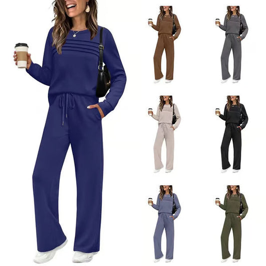 🔥✨Set pentru femei compus din un tricou cu guler rotund și pantaloni cu șnur🌠️