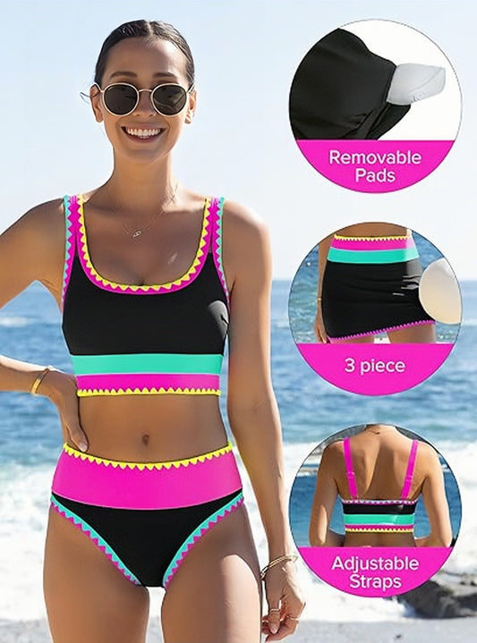 🔥🎁Noutate: 50 % REDUCERE🔥🌼 Set de bikini sportiv din nylon în trei piese, cu blocuri de culori – talie înaltă cu efect de slăbire a abdomenului 👙