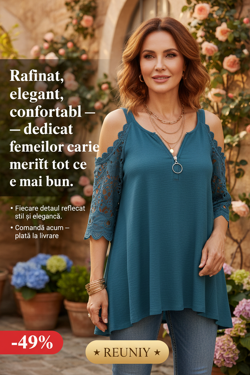 Blue Lace Cold-Shoulder Blouse Ad