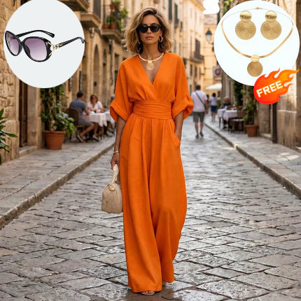 🔥👚 Salopetă Femei Decolteu În V Talie Înaltă Picioare Largi – Elegantă, Feminină, Multicolor 🌟