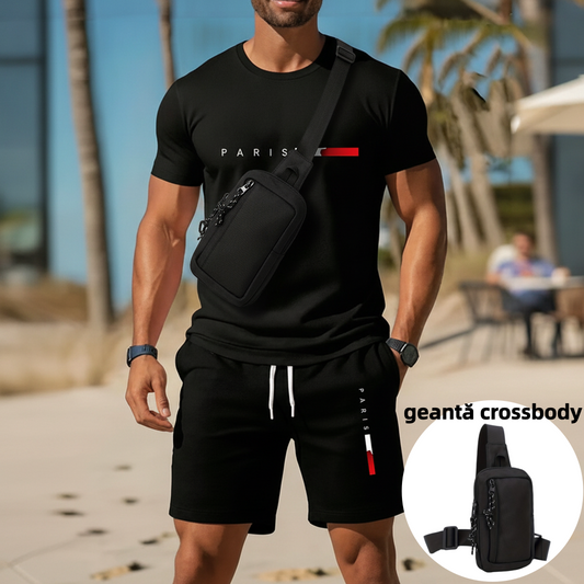 👕 30% REDUCERE ACUM! ⏰ Set pentru bărbați din 2 piese cu imprimeu – Moale și respirabil – Croială lejeră, perfect pentru relaxare vara sau zile casual – Top și pantaloni scurți asortați 🩳