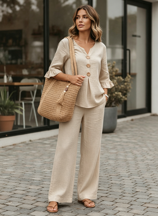 🔥S-2XL⌛️Set de top cu mâneci volanate și pantaloni largi pentru femei❤️