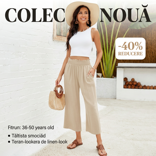 👖 40% REDUCERE💫Pantaloni Capri pentru femei, cu talie înaltă, picior larg, din in, talie elastică tip smock