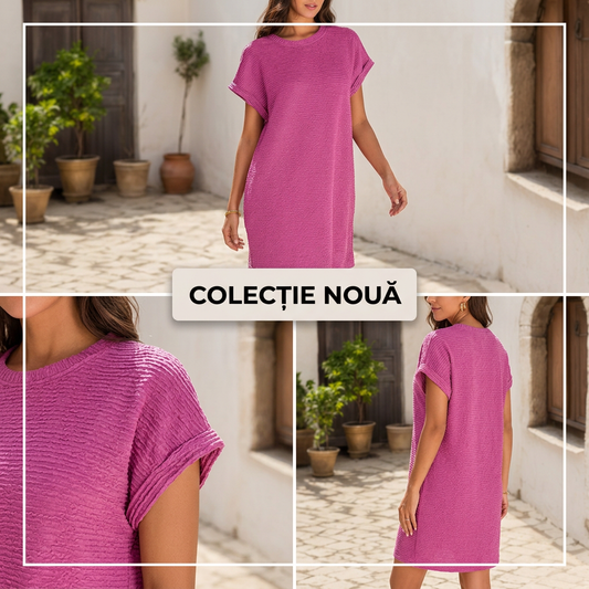 🔥 2026 Nou💞Rochie de buzunar elegantă cu gât rotund și culoare solidă