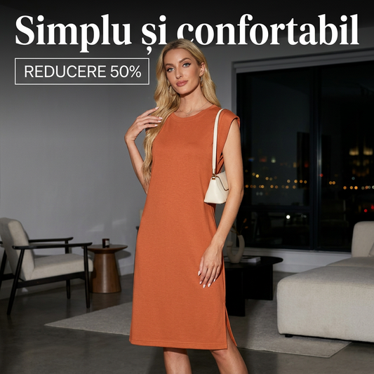 🌸Rochie midi pentru femei cu gât rotund, fără cute, despicată, cu buzunare