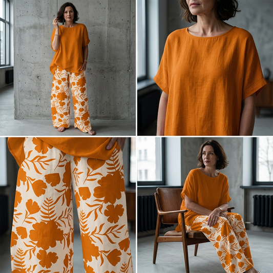 🌹Indispensabil pentru vacanță😍 Set casual pentru femei (bluză uni + pantaloni largi cu imprimeu)🔥