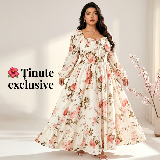 Rochie maxi cu imprimeu floral, decolteu pătrat și mâneci lungi 🌸