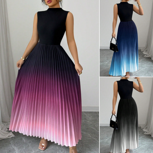 ⏳ULTIMA ZI REDUCERE 50%💕 Rochie Maxi Fără Mâneci, Cu Guler Înalt și Pliseuri Ombre