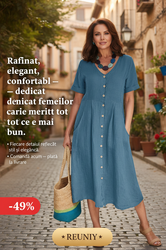 Sky Blue Linen Dress - Romanian Street Scene
