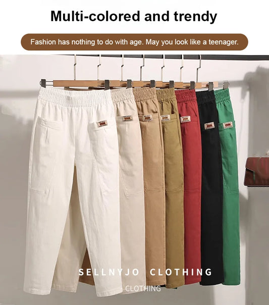 💥Reducere de 50%😍Pantaloni cu talie elastică din bumbac cu picior lat
