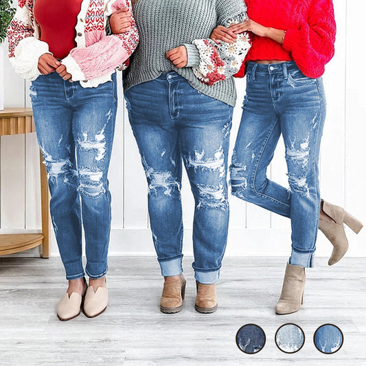Blugi Boyfriend cu Talie Înaltă, Manșetă și Efect Distresat, cu Control al Abdomenului👖 ✨