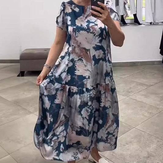 🌸Rochie florală cu mânecă scurtă, cu gât rotund, lejeră💃