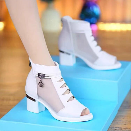 👡🌿 Ghete Femei cu Toc Gros și Vârf Deschis – Plasă Respirabilă, Fermoar Lateral | 2 Culori | EU35-40✨