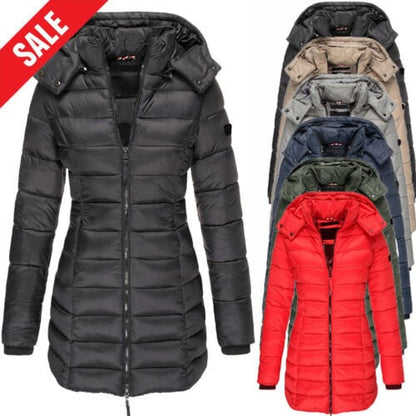 💖Veste matelassée mi-longue pour femme, chaude, unicolore, avec capuche, pour l'hiver