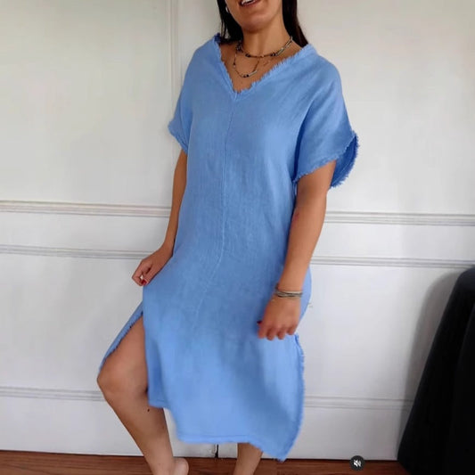 ✨ Кежуална Рокля от Памук и Лен с V-образно Деколте и Къси Чувства👗