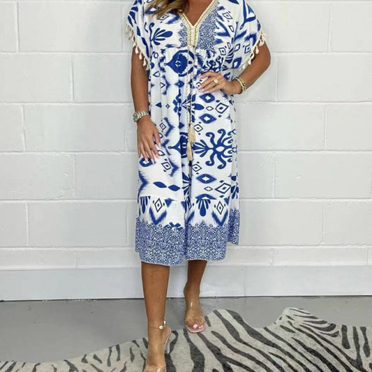 🌸 Rochie casual cu decolteu în V și imprimare cu franjuri