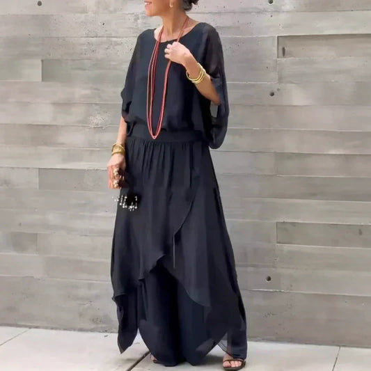 💃 Set din două piese, cu bluză largă și pantaloni largi cu fante, din șifon✨
