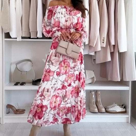 💖Set din două piese: top cu imprimeu floral și umeri descoperiți și 💖 fustă maxi