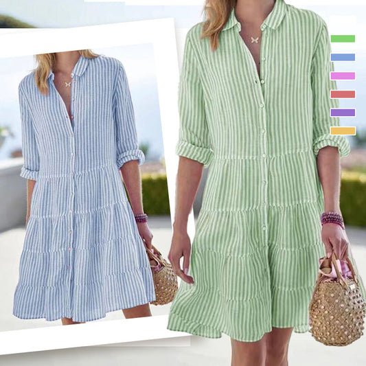 Sukienka Koszulowa w Paski z Długim Rękawem dla Kobiet