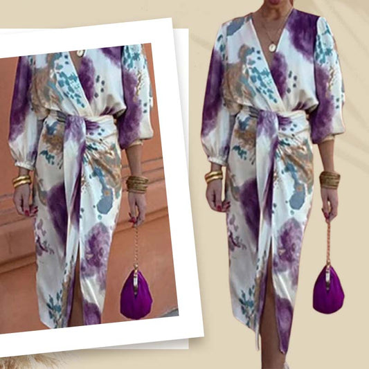 🎨👗Set elegant de rochie în două piese pentru femei, cu imprimeu acuarelă și croială înfășurată