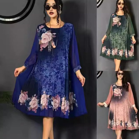 【S-4XL】🌺Femei florale imprimare rotund gât Mesh maneca rochie
