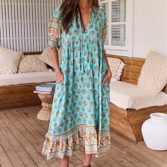 🌸Oferte Speciale de Primăvară 50% REDUCERE👗Rochie Boho Floral cu Decolteu în V, Talie Înaltă, Silueta A-Line