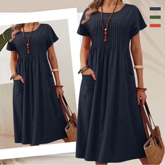 👗【S-4XL】Rochii plisate pentru femei cu mâneci scurte și buzunare