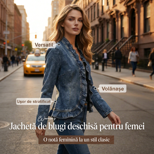 🎁Noutăți cu 50% reducere💥Jachetă din denim pentru femei, cu volane și deschidere în față