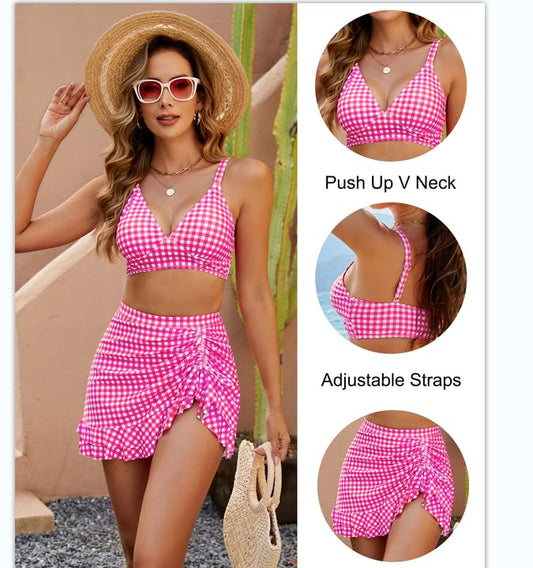 🎉Promoție de sărbători!❤️👙💥Set de bikini cu talie înaltă pentru femei Tummy Tuck Plaid