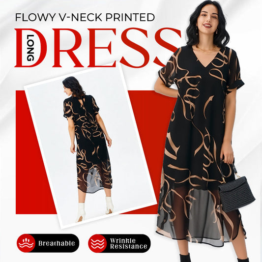 ⏳Reducere limitată de 50%⏰Rochie lungă imprimată cu decolteu în V și croială lejeră👗