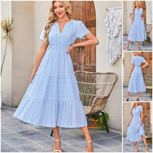 🔥Ofertă specială: 50% reducere👗Rochii lungi de vară casual pentru femei, cu mâneci scurte și decolteu în V