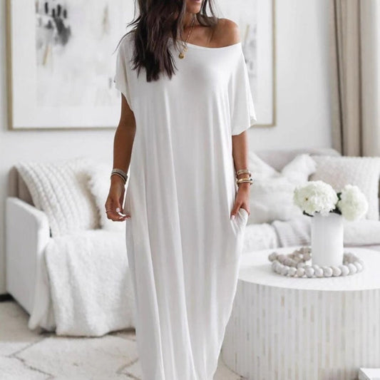 🔥Promoție de ultimă zi 50% REDUCERE✨💃Rochie lungă casual de vară pentru femei, cu mâneci scurte, în culori uni
